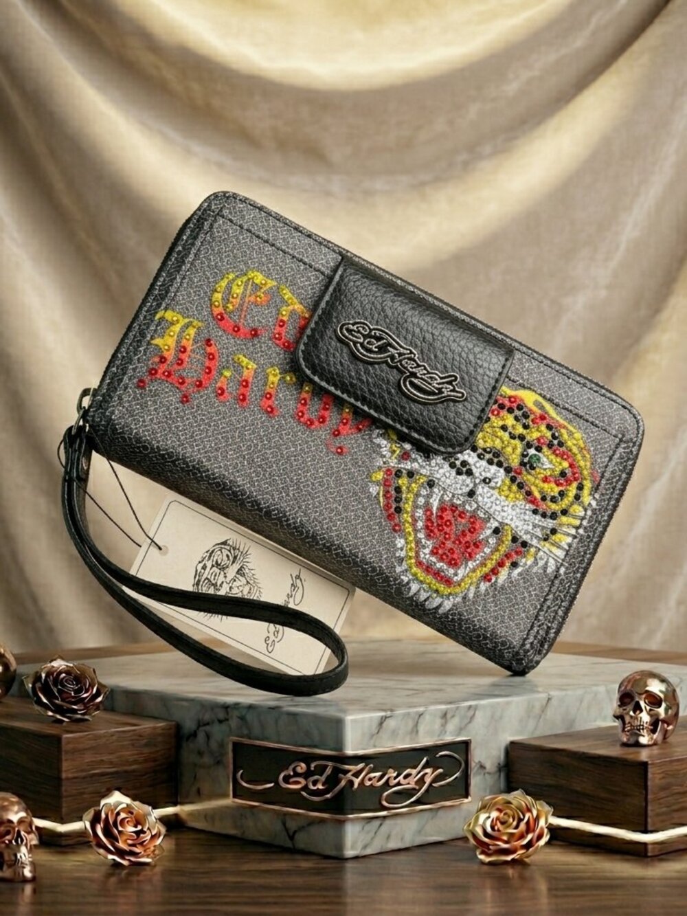 Ed Hardy "Screaming Tiger" Rhinestone Zip-Around Wristlet Clutch - BRAND NEW
